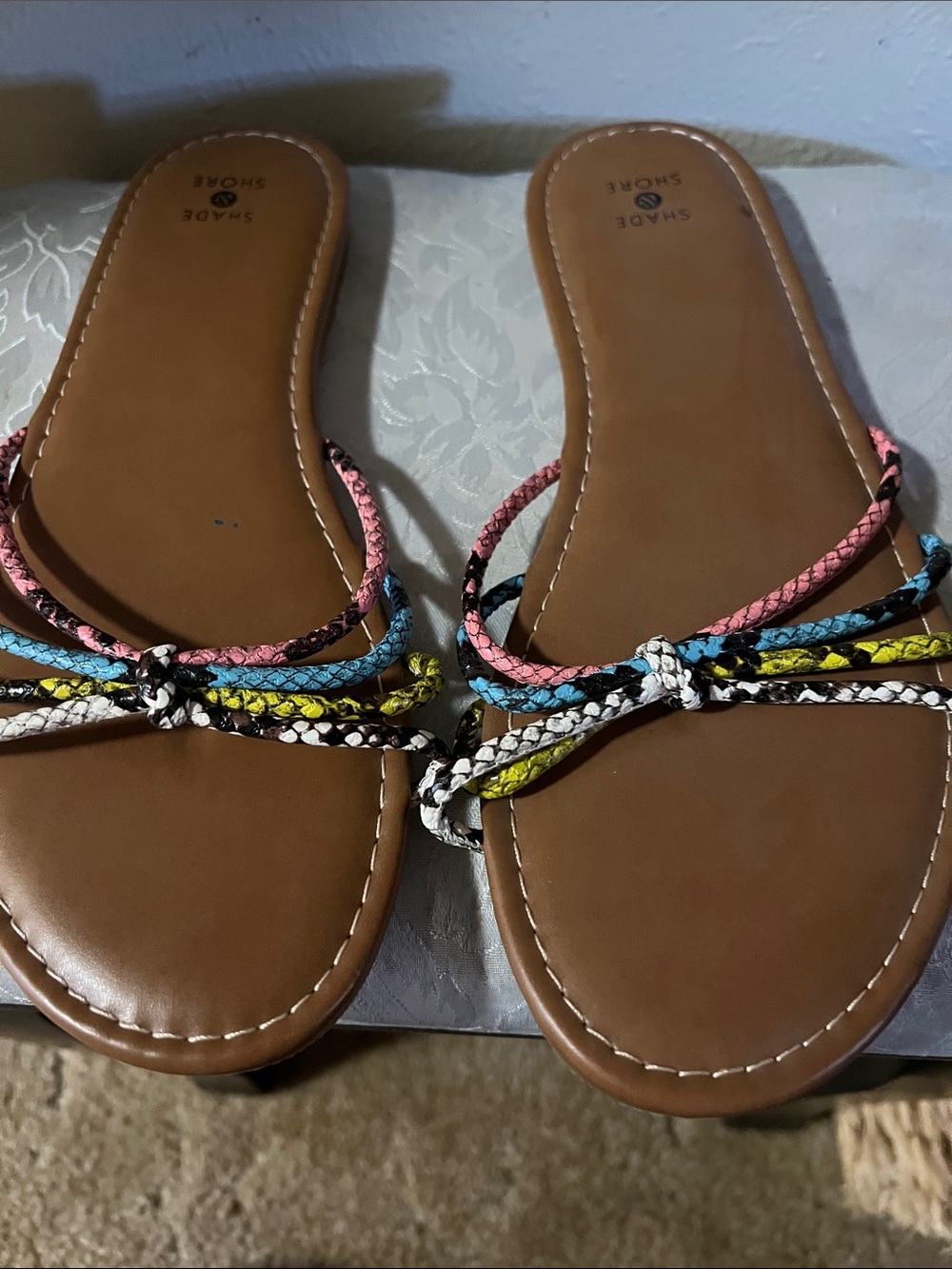 Shade & Shore Brown Slide Sandals with Multicolor Braided Straps